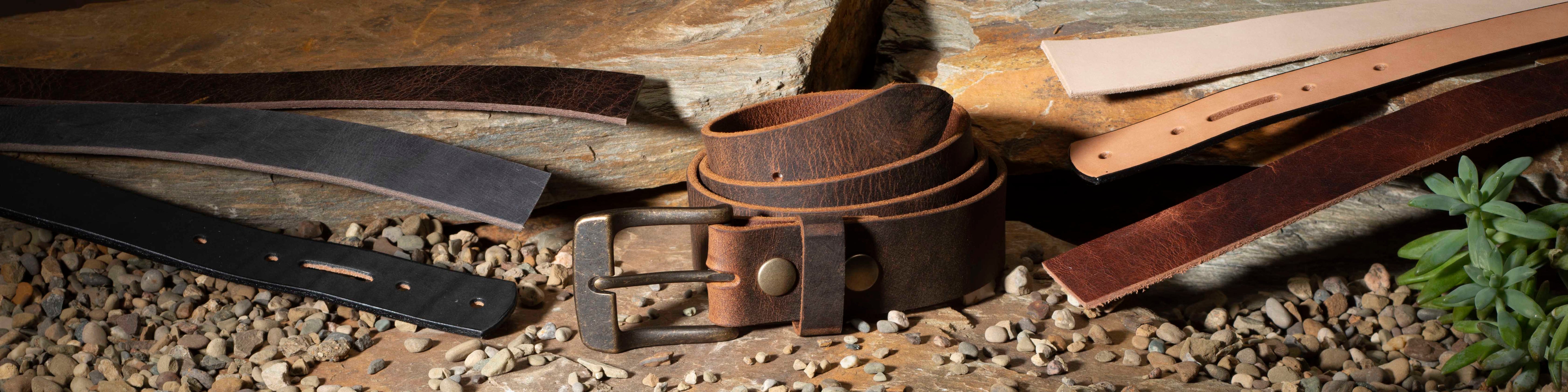 Full Grain Crazy Horse Leather Belt w/Center Bar Buckle - Brown